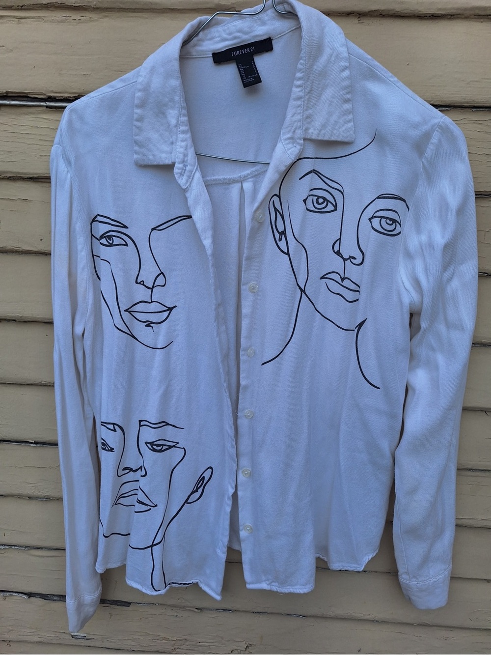 Forever 21 White Button-Down Shirt with Black Line Art Faces